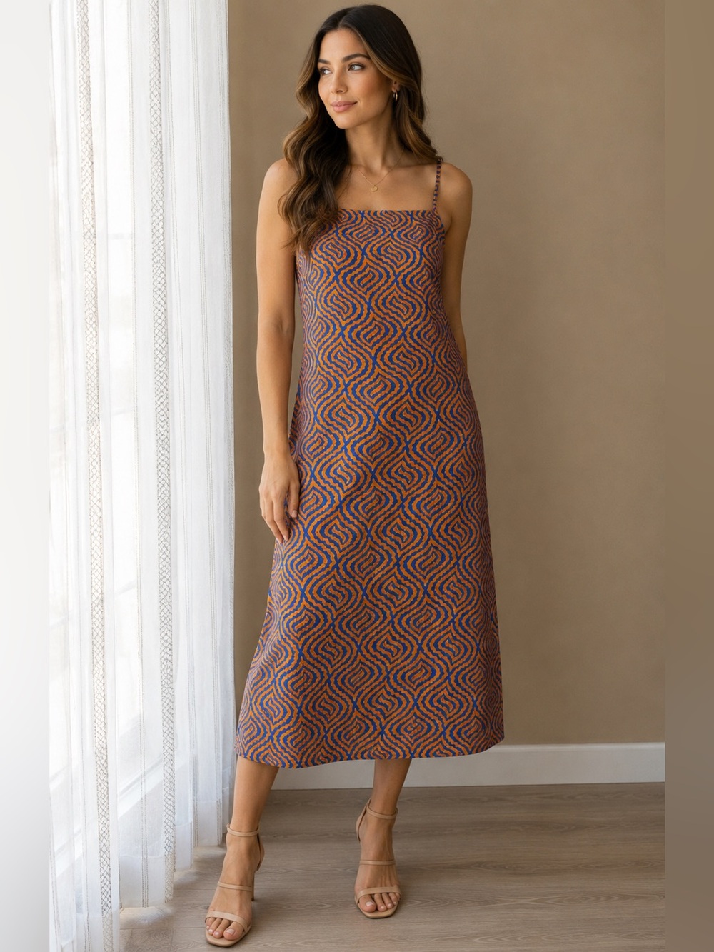 Ilana Kohn Rust and Navy Geometric Slip Dress 100% Silk